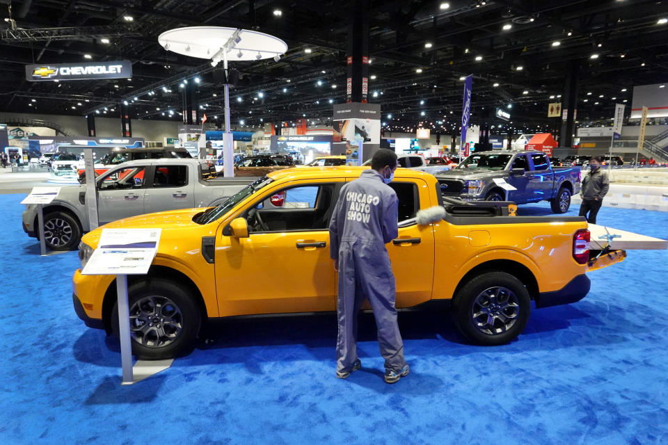 Ford shows off its 2022 Maverick truck during the Chicago Auto Show at McCormick Place convention center on Feb. 10, 2022, in Chicago, Illinois.  / Credit: Getty Images