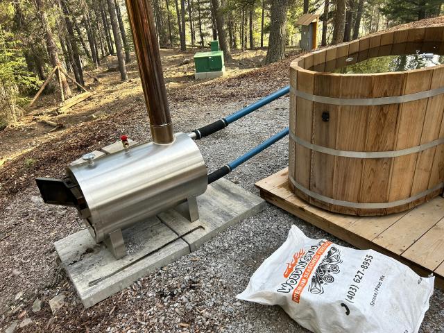 wood fired hot tub metal canister and firewood bag
