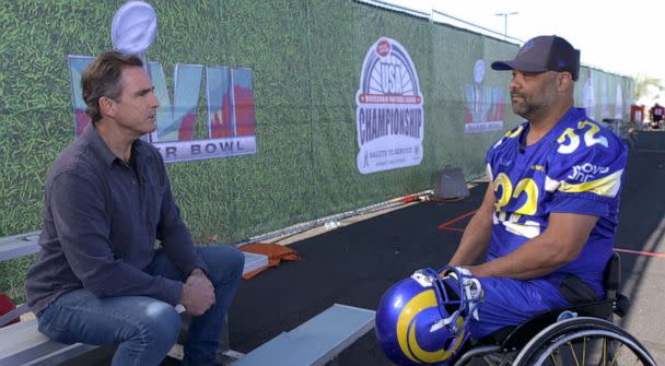 PHOTO: Bob Woodruff speaks with Bart Salgado, who plays for the Wheelchair Football League's Los Angeles Rams. (ABC News)