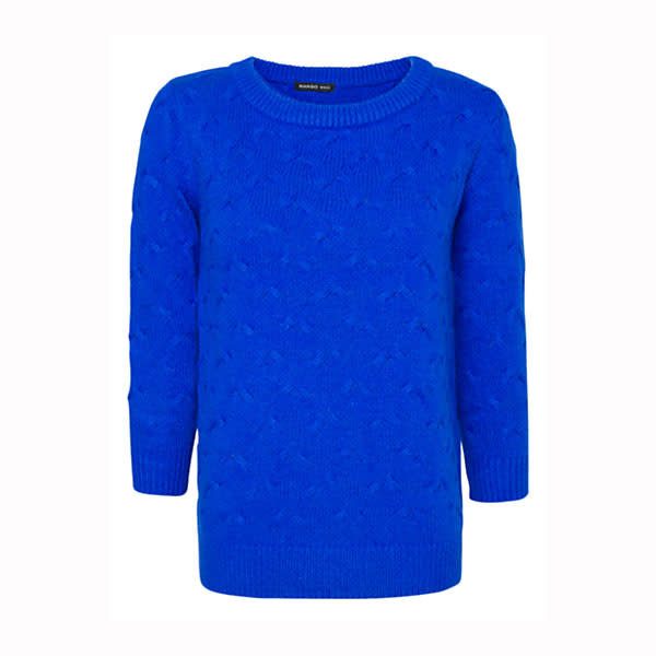 <a href="http://shop.mango.com/GB/p0/mango/new/three-quarter-length-sleeves-cable-knit/?id=73210491_BN&n=1&s=nuevo&ie=0&m=&ts=1355418909729" rel="nofollow noopener" target="_blank" data-ylk="slk:Neon Blue Three-Quarter Length Sleeves Cable Knit Jumper - £34.99 - Mango;elm:context_link;itc:0;sec:content-canvas" class="link "><b>Neon Blue Three-Quarter Length Sleeves Cable Knit Jumper - £34.99 - Mango</b></a><br><br>Add a statement necklace to this cosy wooly jumper to take the look from day to night.