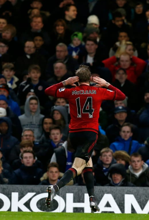 West Bromwich Albion's midfielder James McClean celebrates after scoring their second goal during the match against Chelsea at Stamford Bridge in London on January 13, 2016