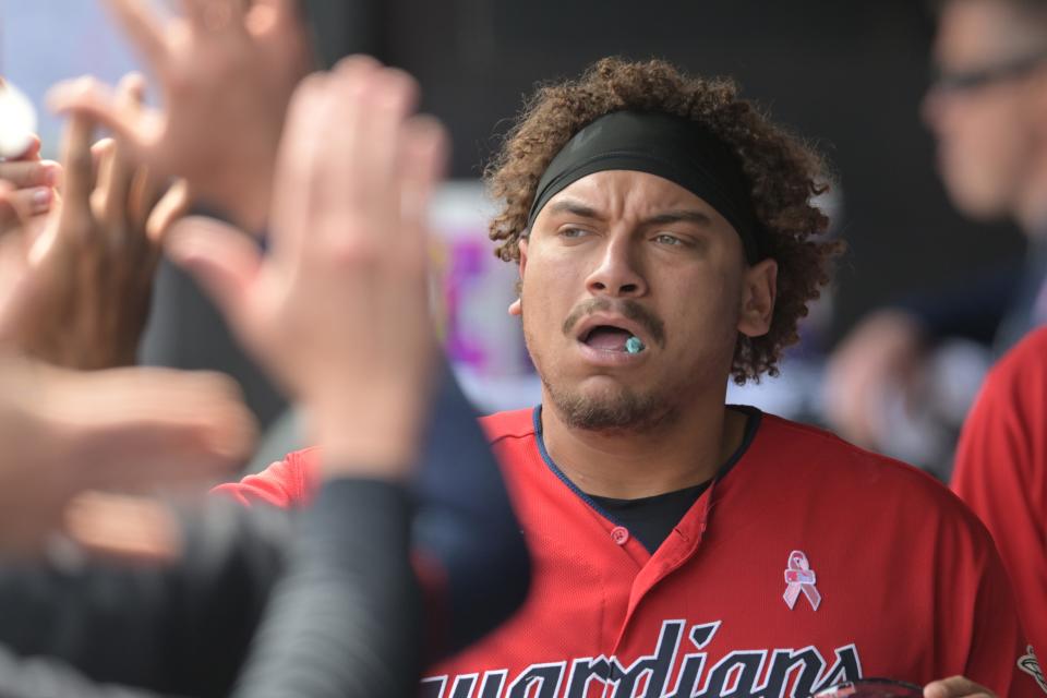 Guardians designated hitter Josh Naylor celebrates after scoring during the second inning against the Angels, May 14, 2023, in Cleveland