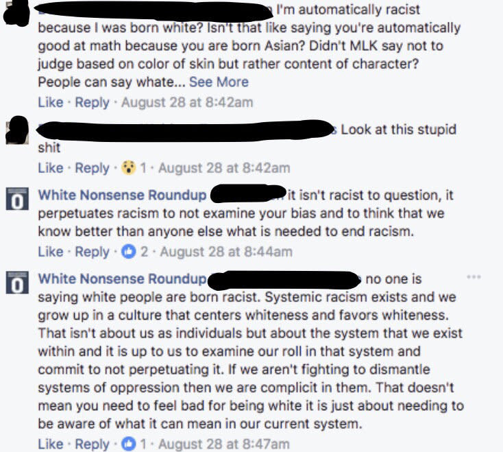 A public exchange on White Nonsense Roundup's public Facebook page. (Photo: Facebook)