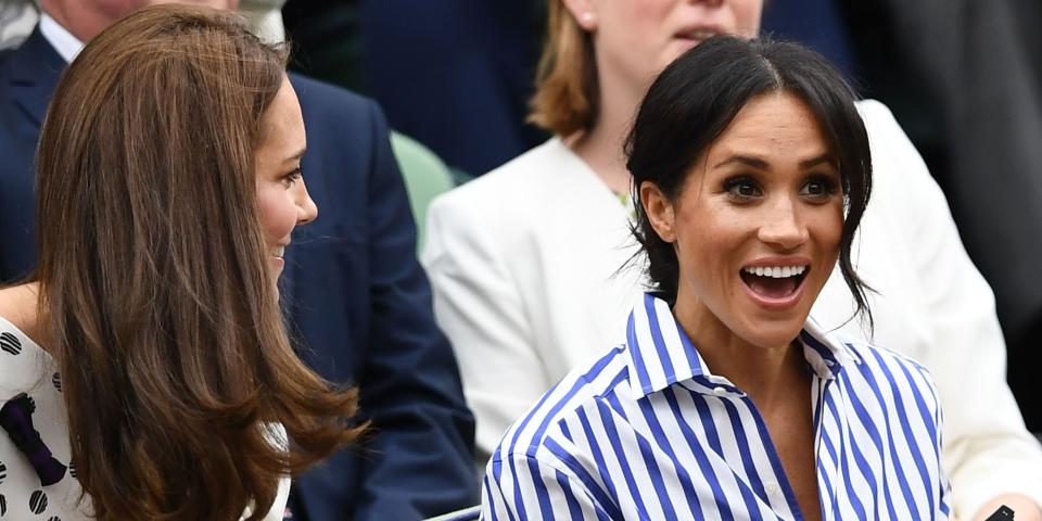 <p>Meghan Markle and <a rel="nofollow noopener" href="https://www.harpersbazaar.com/celebrity/latest/a22147362/meghan-markle-wimbledon-2018-ralph-lauren-prince-harry/" target="_blank" data-ylk="slk:Kate Middleton attended the Wimbledon;elm:context_link;itc:0;sec:content-canvas" class="link ">Kate Middleton attended the Wimbledon</a> women's final this weekend. It was Meghan's first time at the sporting event since she became the Duchess of Sussex, and she wore a stunning <a rel="nofollow noopener" href="https://www.harpersbazaar.com/celebrity/latest/a22147362/meghan-markle-wimbledon-2018-ralph-lauren-prince-harry/" target="_blank" data-ylk="slk:outfit by Ralph Lauren;elm:context_link;itc:0;sec:content-canvas" class="link ">outfit by Ralph Lauren</a> for the occasion. Turning out to support her close friend, Serena Williams, the new royal looked totally comfortable attending the event in her new role.</p><p>Even though the <a rel="nofollow noopener" href="https://www.harpersbazaar.com/celebrity/latest/a22129650/meghan-markle-kate-middleton-wimbledon-finals/" target="_blank" data-ylk="slk:Duchess of Cambridge;elm:context_link;itc:0;sec:content-canvas" class="link ">Duchess of Cambridge</a> is still technically on maternity leave, she put in an appearance at the tennis, alongside her new sister-in-law. From whispering to one another in the front row of the royal box, to making each other laugh a little too much, here are all of the photos you need of <a rel="nofollow noopener" href="https://www.harpersbazaar.com/celebrity/latest/a22146731/kate-middleton-wimbledon-2018-dress/" target="_blank" data-ylk="slk:Meghan and Kate at Wimbledon 2018;elm:context_link;itc:0;sec:content-canvas" class="link ">Meghan and Kate at Wimbledon 2018</a>:</p>