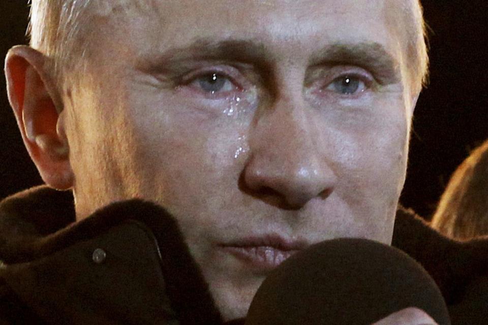 FILE - Russian Prime Minister Vladimir Putin tears up as he speaks at a massive rally in Manezh square outside of the Kremlin after being elected to a new presidential term, on March 4, 2012. (AP Photo/Ivan Sekretarev, File)