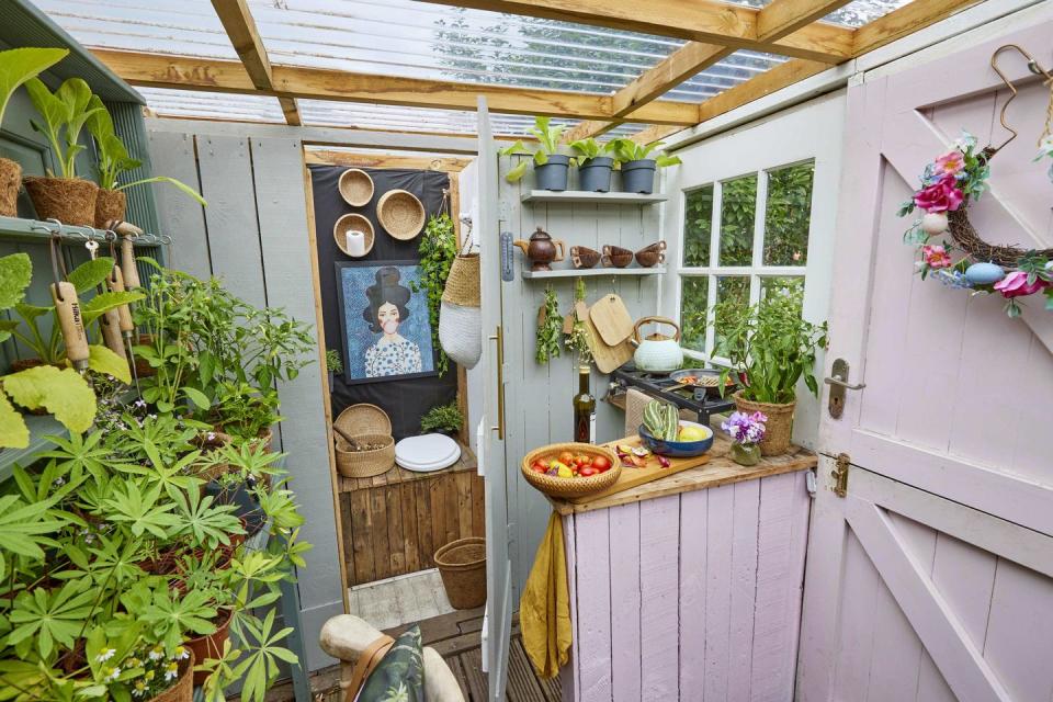 <p>The budget-friendly shed features a small kitchenette, a potting area, a tool store and even an off-grid bathroom. It's been decorated with beautiful pastel shades, including Cuprinol Garden Shades <a href="https://www.amazon.co.uk/CUPRNOL-5122247-Garden-Exterior-Woodcare/dp/B0069ISJ4G" rel="nofollow noopener" target="_blank" data-ylk="slk:Sweet Pea Pink;elm:context_link;itc:0;sec:content-canvas" class="link ">Sweet Pea Pink</a> and <a href="https://www.amazon.co.uk/Cuprinol-Garden-Shades-Wild-Thyme/dp/B005349YJ6" rel="nofollow noopener" target="_blank" data-ylk="slk:Wild Thyme;elm:context_link;itc:0;sec:content-canvas" class="link ">Wild Thyme</a>, and <a href="https://www.amazon.co.uk/Cuprinol-5244557-Ducksback-Exterior-Woodcare/dp/B01CIK3RUE" rel="nofollow noopener" target="_blank" data-ylk="slk:Cuprinol Ducksback Black;elm:context_link;itc:0;sec:content-canvas" class="link ">Cuprinol Ducksback Black</a> to help protect and colour the shed's wood.</p>