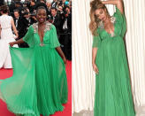 <p>Natürlich sahen beide Stars in diesem tief ausgeschnittenen Gucci Kleid umwerfend aus. Lupita führte es bei den Filmfestspielen in Cannes 2015 aus, Beyonce im März 2017 zur Premiere von „Die Schöne und das Biest“. [Bild: PA/Beyonce.com] </p>