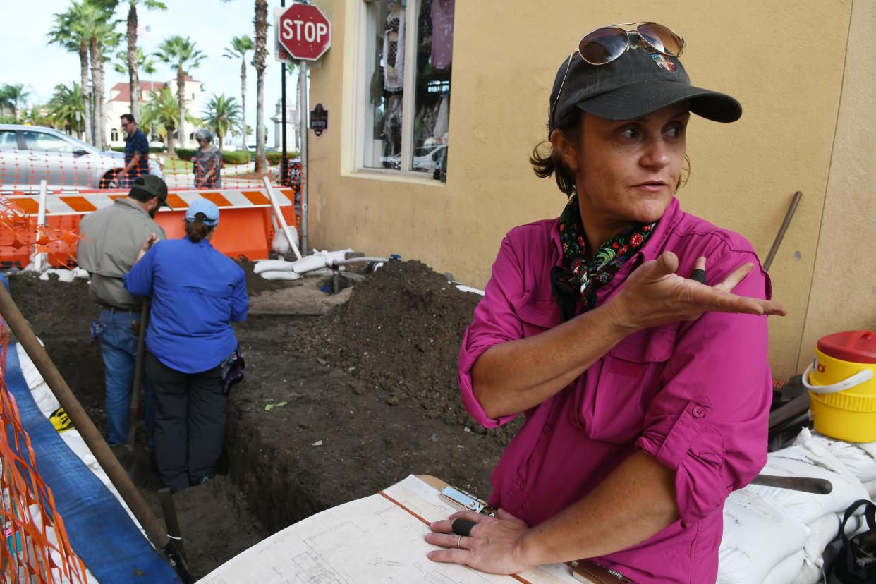 In this file photo from 2019, St. Augustine City Archaeologist Andrea White and her team dig for possible remains near what used to be Los Remedios, the first parish church of St. Augustine. The street is adjacent to the Plaza de la Constitucion, the city's town square.