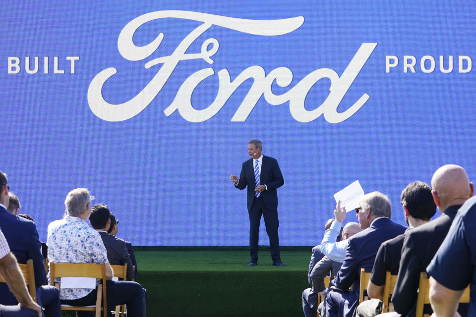 Tennessee Gov. Bill Lee speaks during a presentation on the planned factory to build electric F-Series trucks and the batteries to power future electric Ford and Lincoln vehicles Tuesday, Sept. 28, 2021, in Memphis, Tenn. The plant in Tennessee is to be built near Stanton, Tenn. (AP Photo/Mark Humphrey)