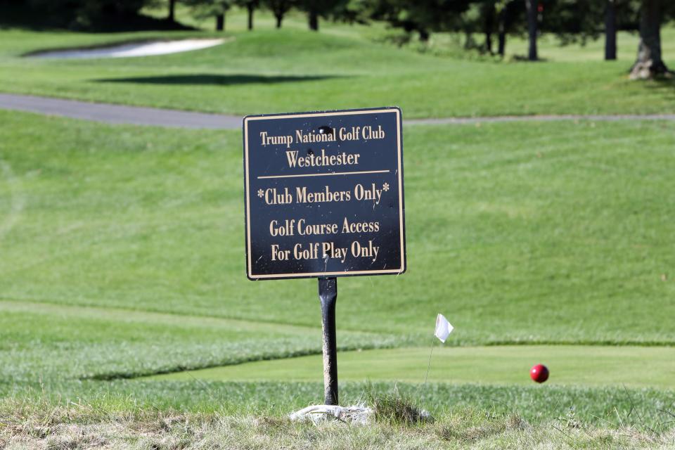 A Trump National Golf Club Westchester sign on the course in Briarcliff Manor Oct. 3, 2023.