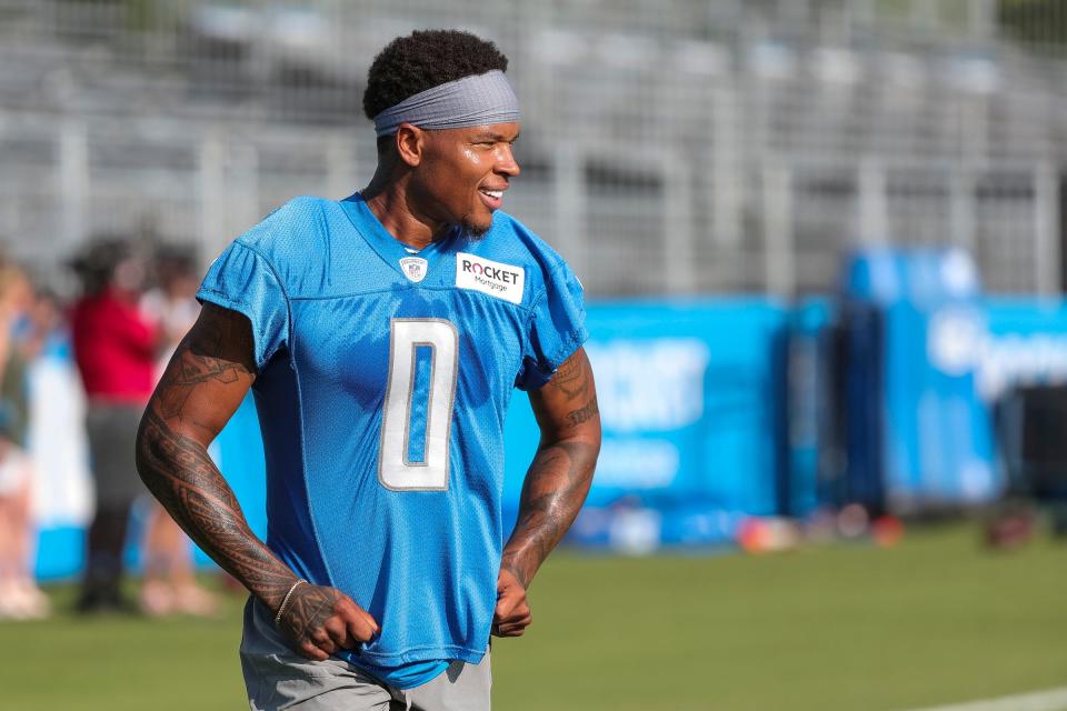Detroit Lions wide receiver Marvin Jones Jr. practices during training camp at the Detroit Lions Headquarters and Training Facility in Allen Park on Sunday, July 23, 2023.