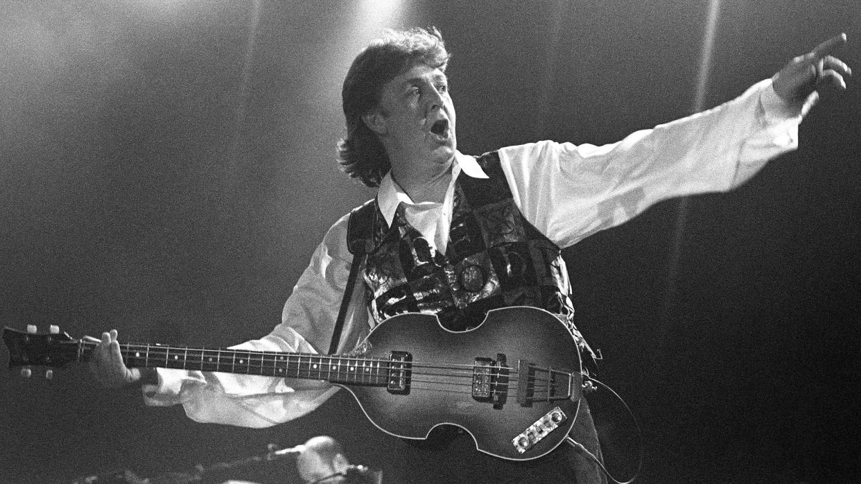  Paul McCartney performs live on stage with Hofner violin 500/1 Bass at Ahoy, Rotterdam, Netherlands on one leg of his The New World Tour on October 09 1993 