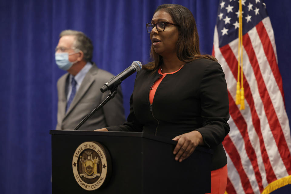 New York State Attorney General Letitia James speaks during a press conference announcing a lawsuit to dissolve the NRA on August 6, 2020, in New York City.  / Credit: Michael M. Santiago / Getty Images