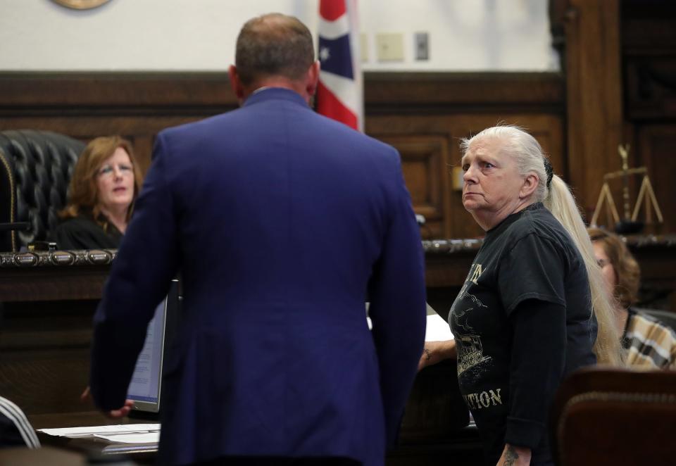 Mariam Muckus, Jessica Skinner's grandmother, looks at Tom Bauer, Skinner's attorney, while speaking during Skinner's sentencing Wednesday in Summit County Common Pleas Court. Skinner was sentenced to six to nine years in prison for a wrong-way crash that claimed the life of a Canton woman.