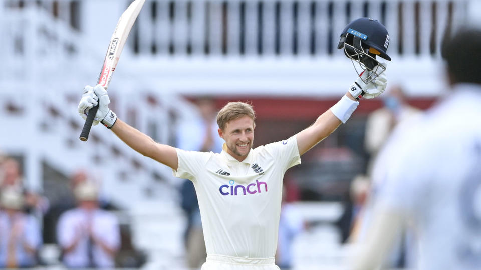 Pictured here, Joe Root celebrates scoring a century for England against India at Lord's.