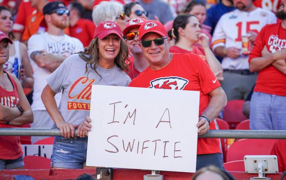 Kansas City Chiefs and Taylor Swift fans show their support during their game against the Chicago Bears at GEHA Field at Arrowhead Stadium on Sept. 24, 2023.