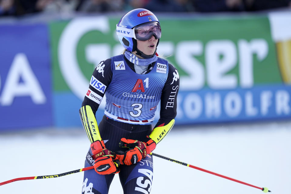 United States' Mikaela Shiffrin checks her time at the end of an alpine ski, women's World Cup giant slalom race, in Lienz, Austria, Thursday, Dec. 28, 2023. (AP Photo/Giovanni Auletta)
