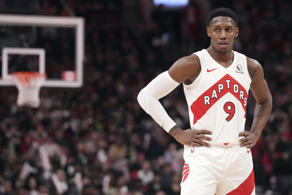 Toronto Raptors guard RJ Barrett looks on during the first half of an NBA basketball game against the Cleveland Cavaliers, in Toronto, Monday, Jan. 1, 2024. (Chris Young/The Canadian Press via AP)