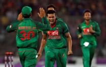 Cricket - England v Bangladesh - Second One Day International - Sher-e-Bangla Stadium, Dhaka, Bangladesh - 09/10/16. Bangladesh's Taskin Ahmed celebrates taking Jonny Barstow's wicket during the second One Day International. REUTERS/Cathal McNaughton