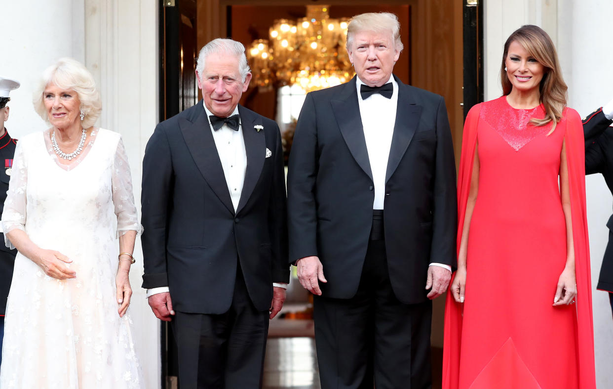 The Prince of Wales and the Duchess of Cornwall are greeted by US President Donald Trump and his wife Melania outside Winfield House, the residence of the Ambassador of the United States of America to the UK, in Regent's Park, London, for the Return Dinner as part of his state visit to the UK.