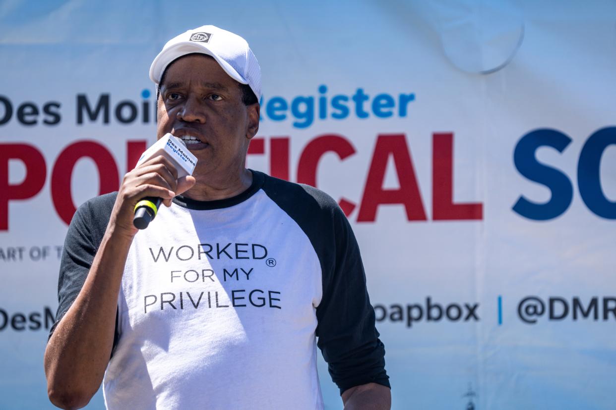 Larry Elder speaks on the Des Moines Register's political soapbox Aug. 11 at the Iowa State Fair.