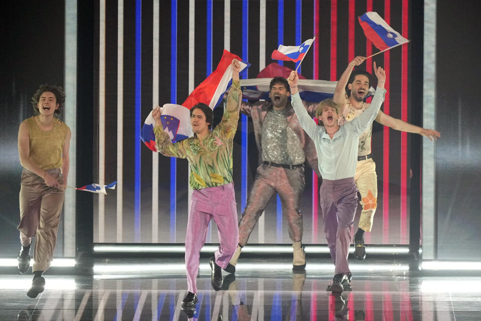 Joker Out of Slovenia during the flag ceremony before during the Grand Final of the Eurovision Song Contest in Liverpool, England, Saturday, May 13, 2023. (AP Photo/Martin Meissner)