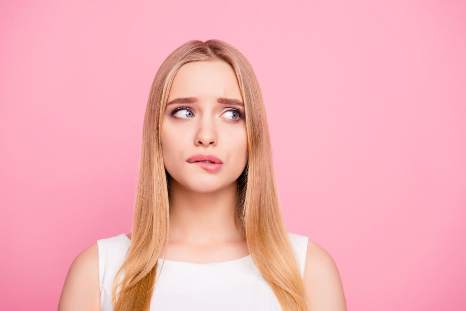 Problem trouble negative nervous sad unhappy upset people concept. Close up portrait of sweet charming tender gentle nervous beautiful attractive elegant stunning girl looking side isolated background