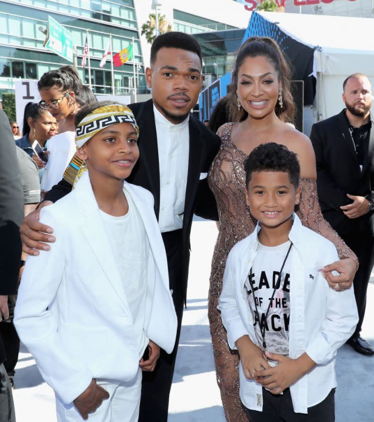 Chance the Rapper, La La Anthony, Kiyan Anthony, and another guest at Live! Red! Ready! Pre-Show at the BET Awards on June 25. (Photo: Getty Images)