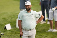 Jon Rahm, of Spain, works at the range during a practice round for the PGA Championship golf tournament at Oak Hill Country Club on Tuesday, May 16, 2023, in Rochester, N.Y. (AP Photo/Eric Gay)