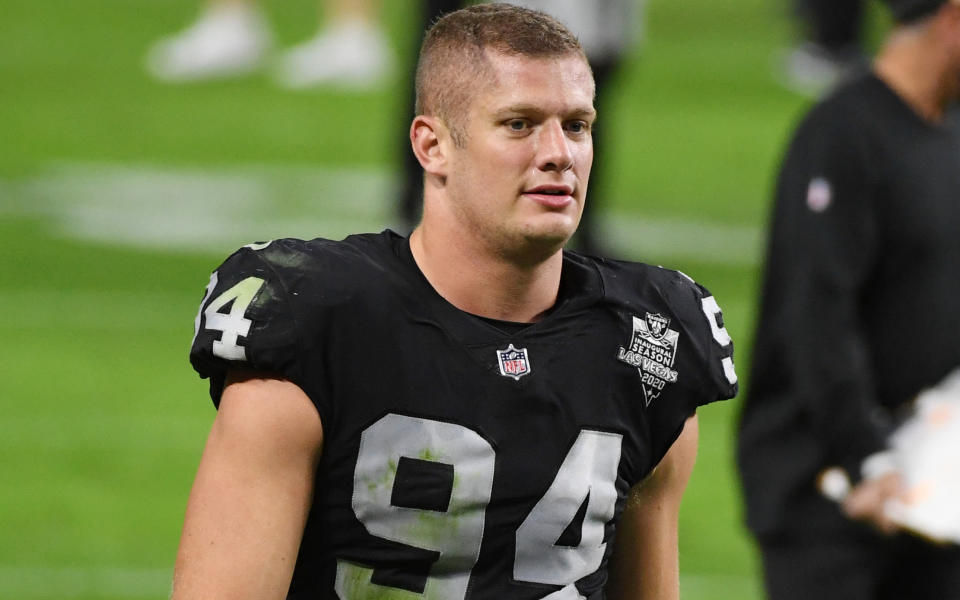 Defensive end Carl Nassib #94 of the Las Vegas Raiders walks off the field after the Raiders defeated the Denver Broncos 37-12 at Allegiant Stadium on November 15, 2020 in Las Vegas, Nevada.  (Photo by Ethan Miller/Getty Images)