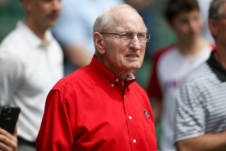 Former Georgia Bulldogs head coach Vince Dooley is seen before a game between the Atlanta Braves and Washington Nationals at Truist Park earlier this year.