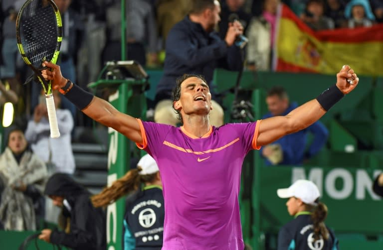 Spain's Rafael Nadal celebrates after winnining his match against Argentina's Diego Schwartzman during the Monte-Carlo ATP Masters Series Tournament tennis match, on April 21, 2017 in Monaco