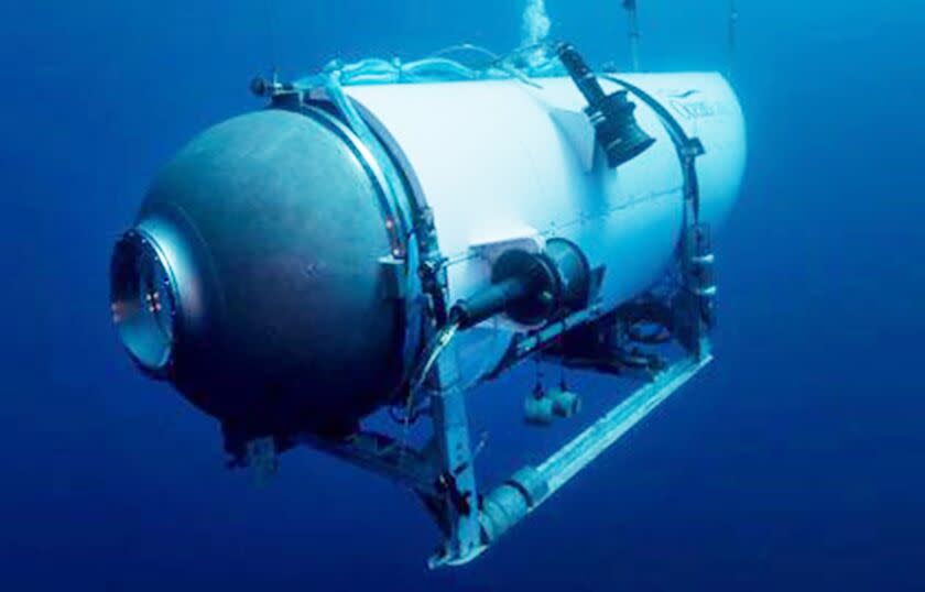 FILE - This undated photo provided by OceanGate Expeditions in June 2021 shows the company's Titan submersible. On Monday, June 19, 2023, a rescue operation was underway deep in the Atlantic Ocean in search of the technologically advanced submersible vessel carrying five people to document the wreckage of the Titanic, the iconic ocean liner that sank more than a century earlier. (OceanGate Expeditions via AP, File)