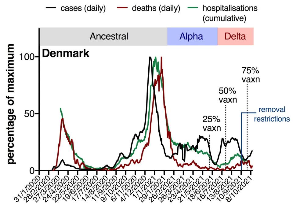 <span class="caption">You can see the black line (cases) starts to separate from the green line (hospitalisations) and the red line (deaths) as the vaccine rollout progresses.</span> <span class="attribution"><span class="source">Data from ourworldindata.org/covid-vaccinations and covidlive.com.au</span>, <span class="license">Author provided</span></span>