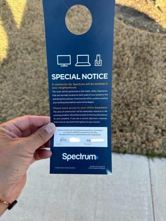 Flyer Spectrum says it distributes in neighborhoods informing residents of upcoming work (Courtesy Spectrum)