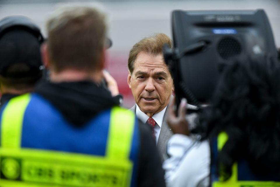 Alabama coach Nick Saban is interviewed by a CBS camera crew before the game with Auburn at Bryant-Denny Stadium. (Gary Cosby Jr., USA TODAY Sports)