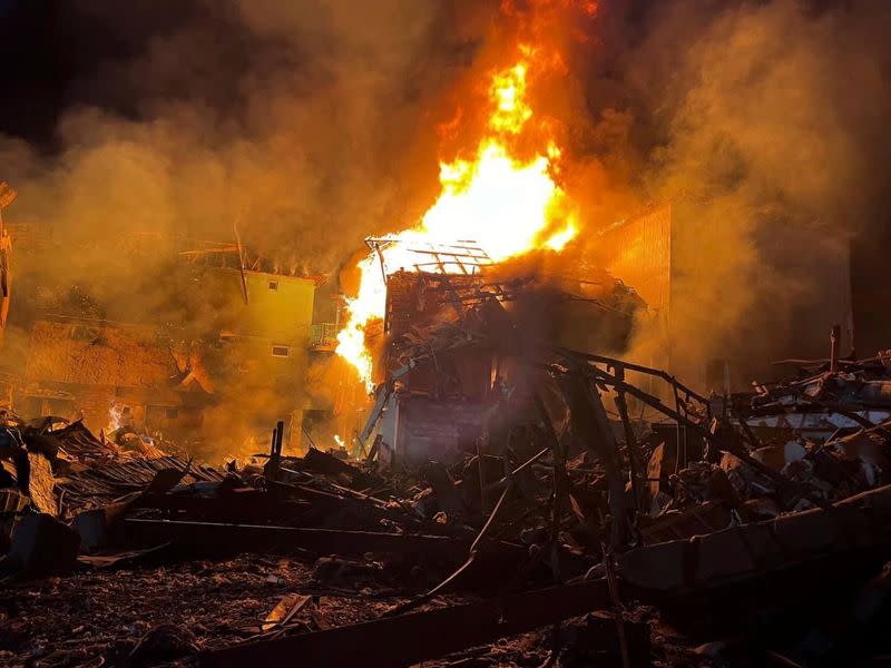 View shows a burning building hit by a Russian missile strike in a resort area in Odesa region