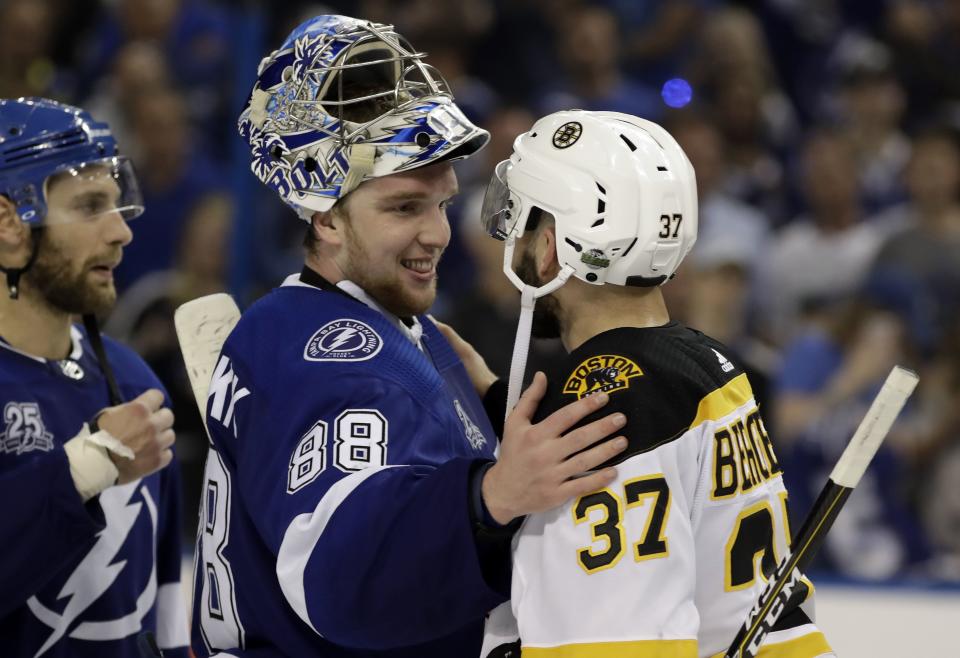 <p>
              Tampa Bay Lightning goaltender Andrei Vasilevskiy (88)  pats Boston Bruins center Patrice Bergeron (37) after Game 5 of an NHL second-round hockey playoff series Sunday, May 6, 2018, in Tampa, Fla.  (AP Photo/Chris O'Meara)
            </p>