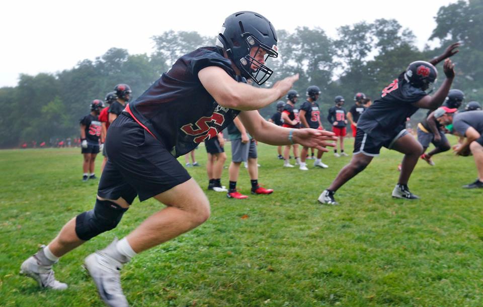 Offensive lineman Dylan Clifford.The North Quincy Red Raiders football squad practices at Cavanaugh field on Monday August 22, 2022.