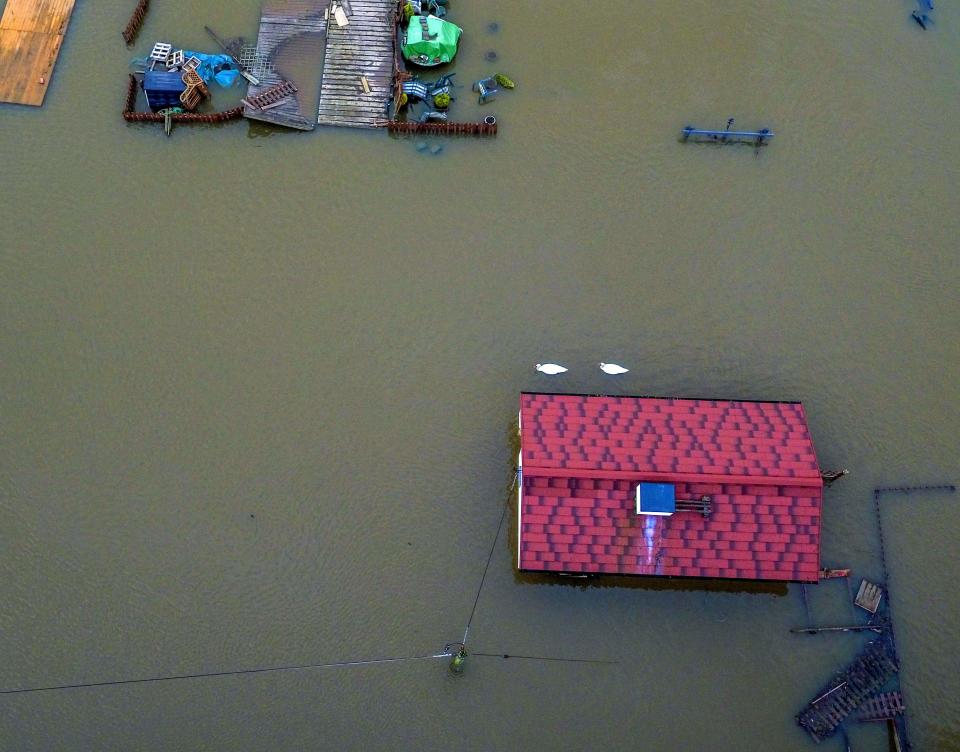 Swans swims past a flooded building in Upton upon Severn, Worcestershire, as more rain in northern England could lead to further flooding in already sensitive areas, the Met Office has said. PA Photo. Picture date: Friday February 21, 2020. See PA story WEATHER Storm. Photo credit should read: Steve Parsons/PA Wire