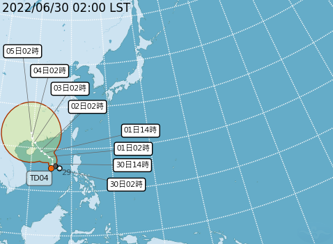 在太平洋上的熱帶性低氣壓30日2時的中心位置，在北緯 15.5 度，東經 115.0 度，以每小時8公里速度，向北北東進行。   圖：中央氣象局/提供