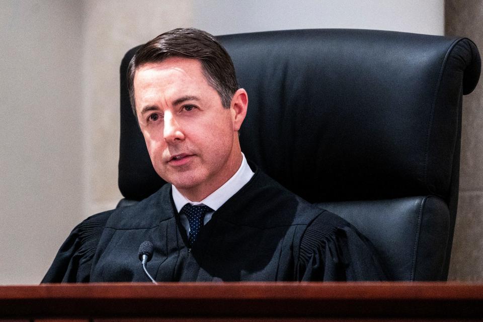 Iowa Supreme Court Justice Matthew McDermott speaks during oral arguments for the lawsuit challenging Iowa's 2023 law banning most abortions at 6 weeks at the Iowa Supreme Court on Thursday, April 11, 2024, in Des Moines.