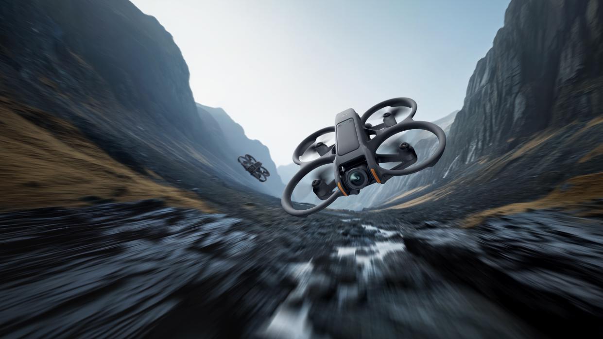  DJI Avata 2 review: drone at speed flying in a valley. 