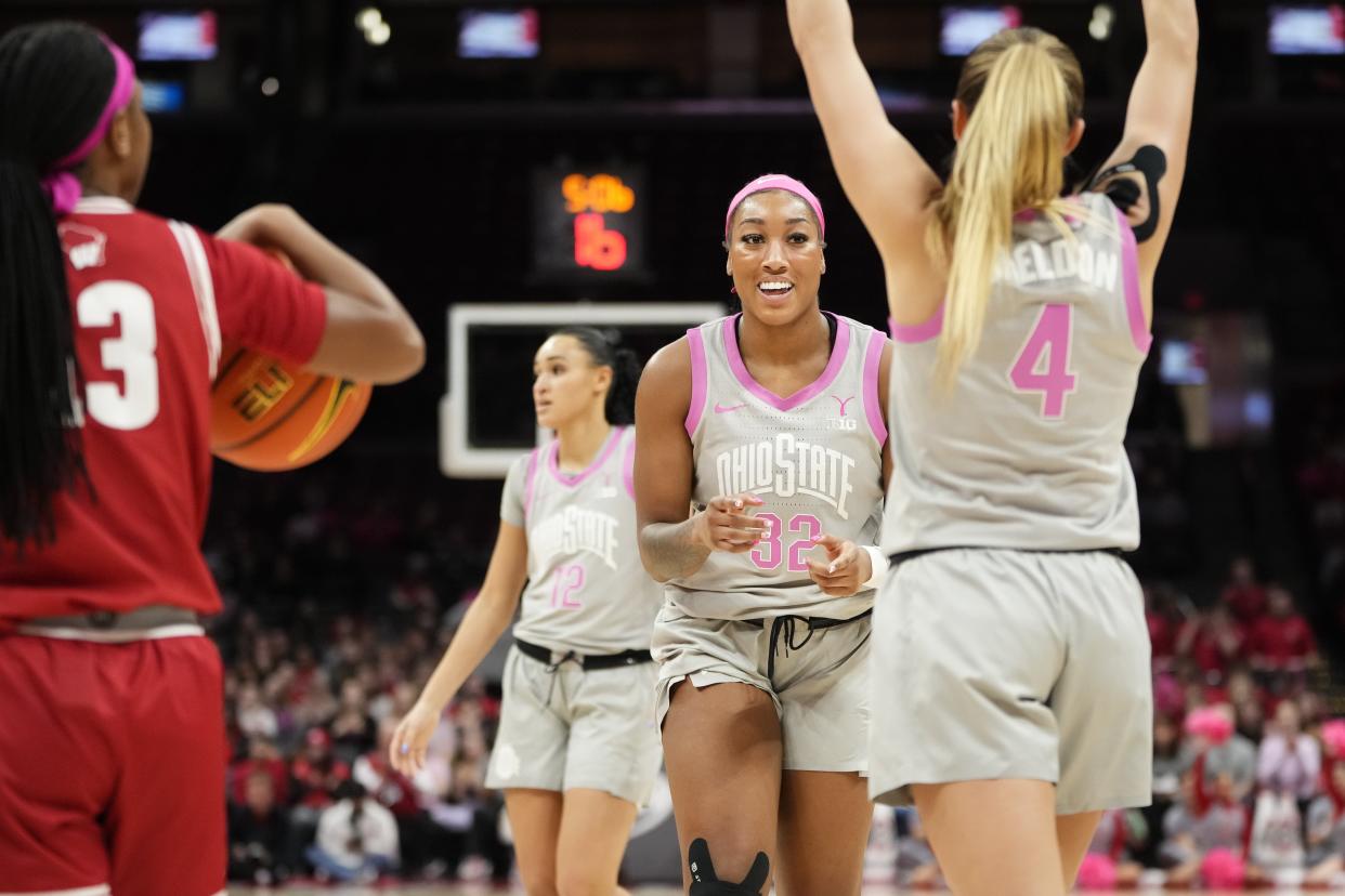 Feb 1, 2024; Columbus, OH, USA; Ohio State Buckeyes forward Cotie McMahon (32) celebrates a shot with guard Jacy Sheldon (4) during the second half of the NCAA women’s basketball game against the Wisconsin Badgers at Value City Arena. Ohio State won 87-49.