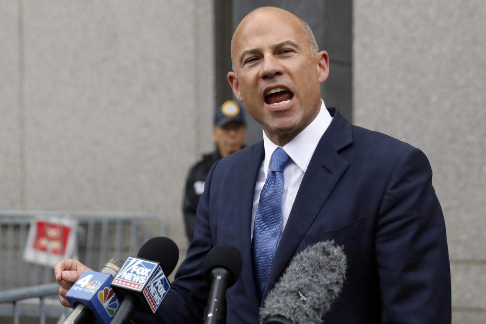 FILE - In this Tuesday, July 23, 2019 file photo, Michael Avenatti makes a statement to the press as he leaves federal court, in New York. Lawyer Michael Avenatti says charging Nike $25 million to probe corruption at the sportswear giant was a bargain rather than extortion. An attorney for Avenatti told a judge Thursday, Aug. 22, 2019 that a November extortion trial should be postponed until January so he can gather more proof. (AP Photo/Richard Drew, File)