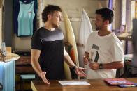 <p>He's working for Dean at the surfboard shop and taking some surf classes too.</p>