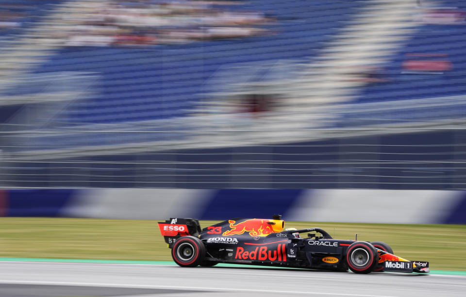 Red Bull driver Max Verstappen of the Netherlands steers his car during the first free practice for the Austrian Formula One Grand Prix at the Red Bull Ring racetrack in Spielberg, Austria, Friday, July 2, 2021. The Austrian Grand Prix will be held on Sunday. (AP Photo/Darko Bandic)