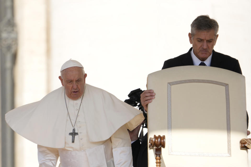 Pope Francis arrives as he holds his weekly general audience in St. Peter's Square, at the Vatican, Wednesday, Sept. 6, 2023. (AP Photo/Andrew Medichini)