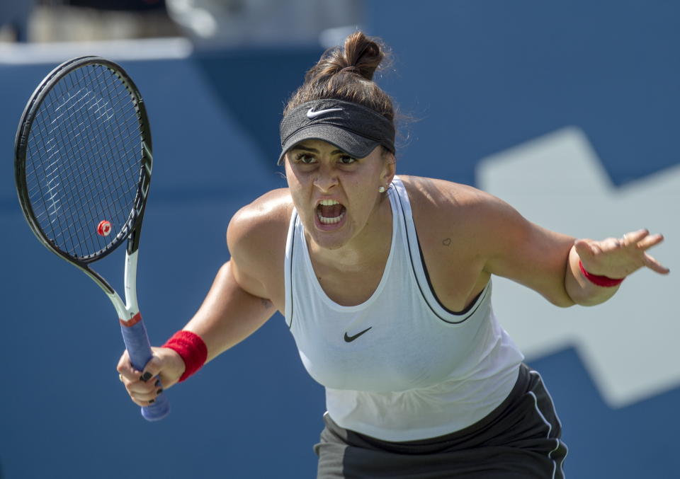 Bianca Andreescu of Canada reacts during her match against Kiki Bertens of the Netherlands during the Rogers Cup women’s tennis tournament Thursday, Aug. 8, 2019, in Toronto. (Frank Gunn/The Canadian Press via AP)