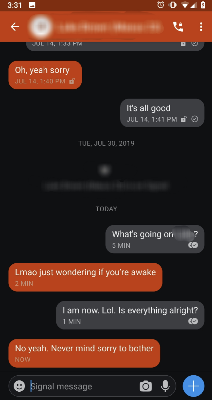 A text conversation on a smartphone discussing if the recipient is awake and checking if everything is alright